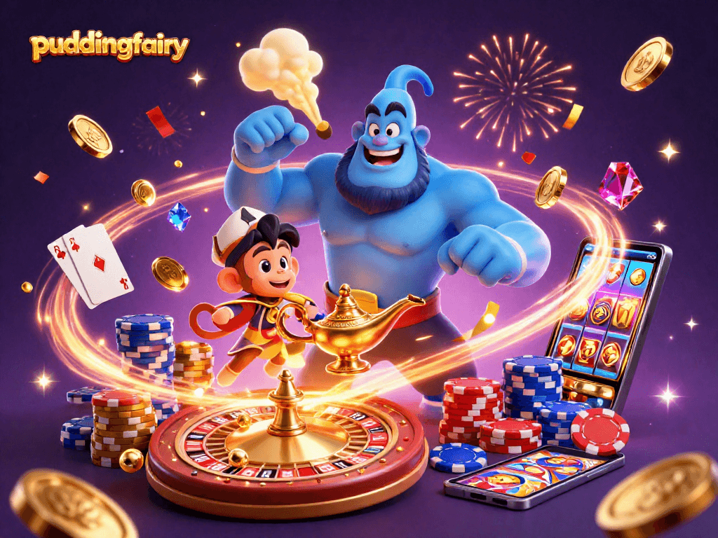 Experience the thrill of puddingfairy with a 3D illustration of a genie, monkey, and poker chips in a vibrant casino atmosphere.