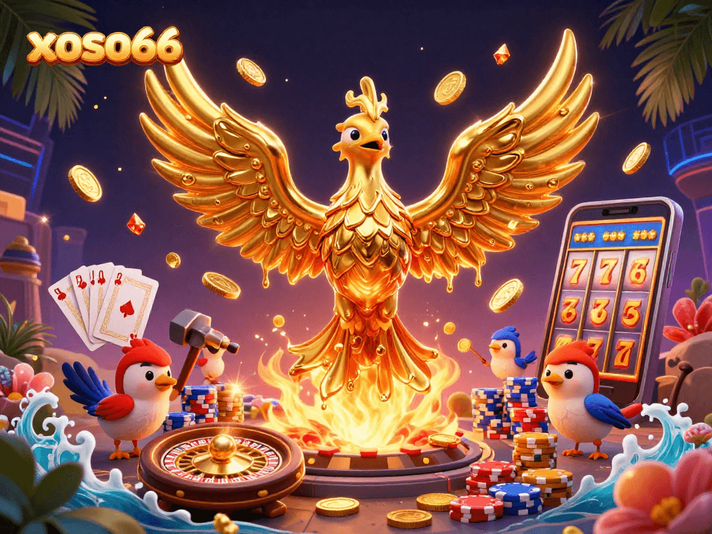 Engage with xoso66's dynamic gaming adventure featuring golden phoenix and casino elements.