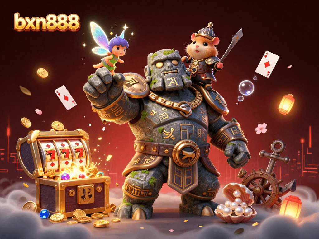 Experience thrilling wins with bxn888 featuring a lively golem, a magical fairy, and a knight amidst slot machines and treasures.
