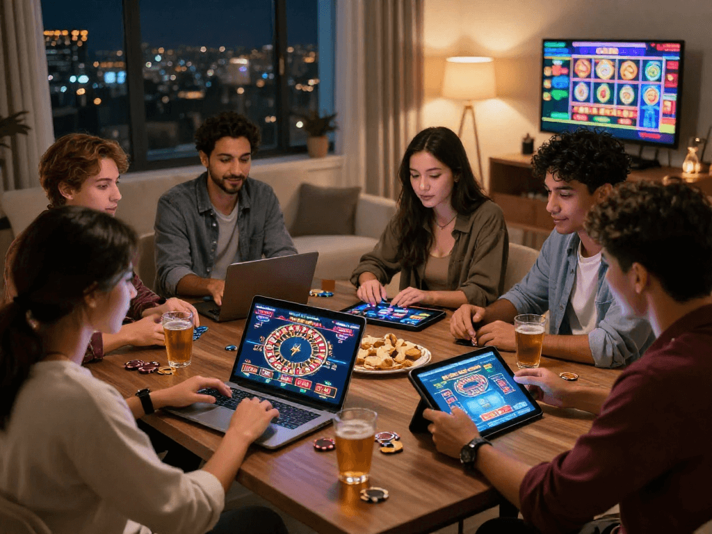 Amis jouant ensemble dans un casino en ligne, ambiance chaleureuse et conviviale.