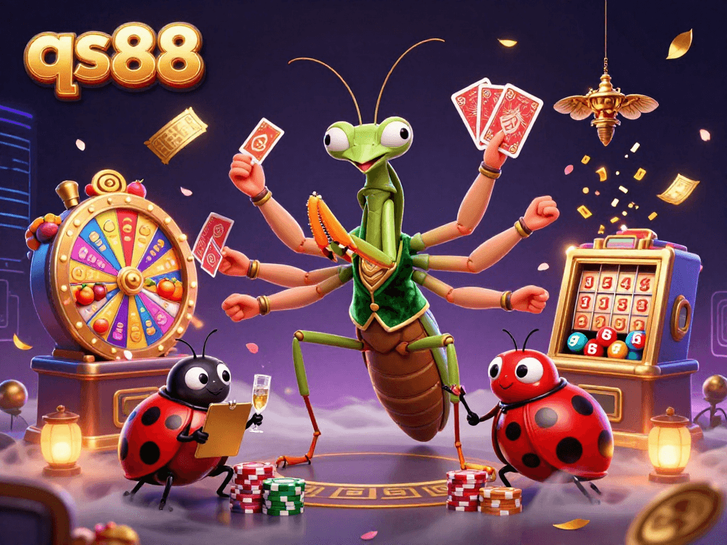 Experience the excitement of qs88 with vibrant gambling elements including slot reels and jackpot counters.