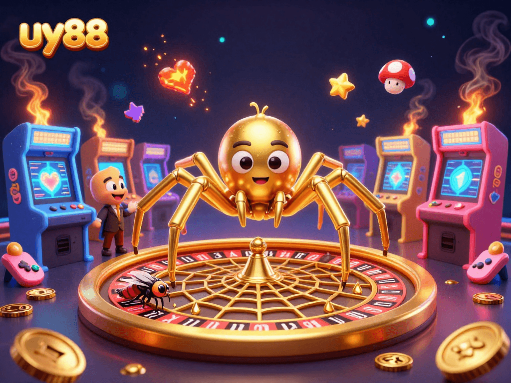 Experience thrilling wins at uy88 with a golden roulette web spun by a cartoon spider.