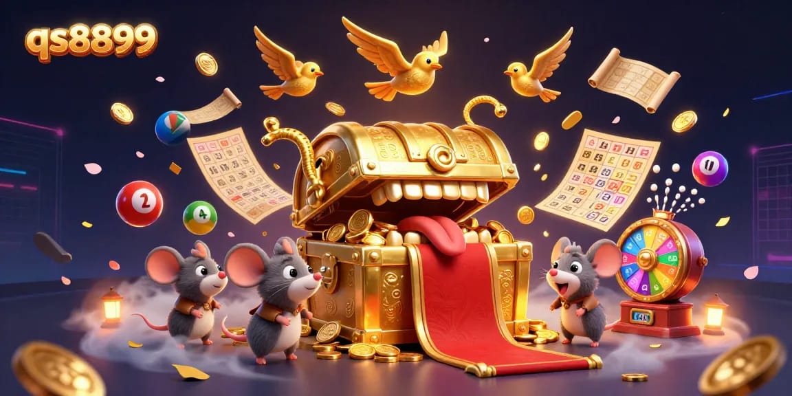 Experience rich rewards with qs8899: a vibrant 3D scene of golden treasures and lottery excitement.