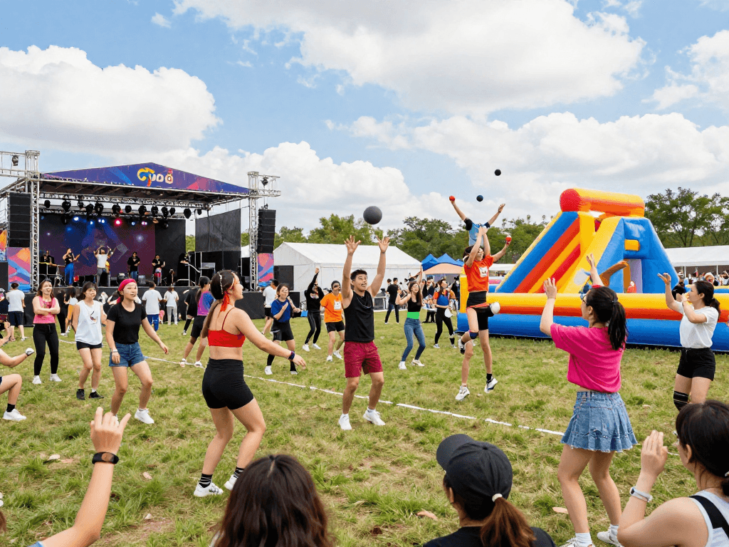 Exciting outdoor scene showcasing thể thao nổ hũ activities at a vibrant festival.