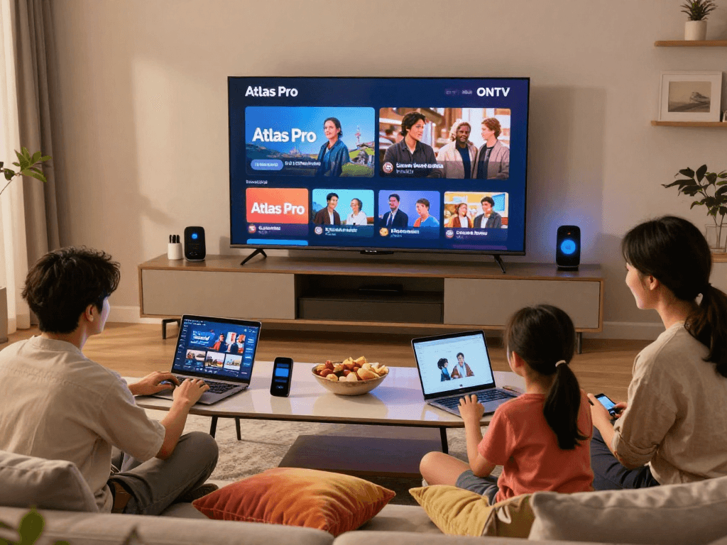 Un écran de télévision diffusant Atlas pro ontv dans un salon moderne avec une famille appréciant un moment de divertissement.