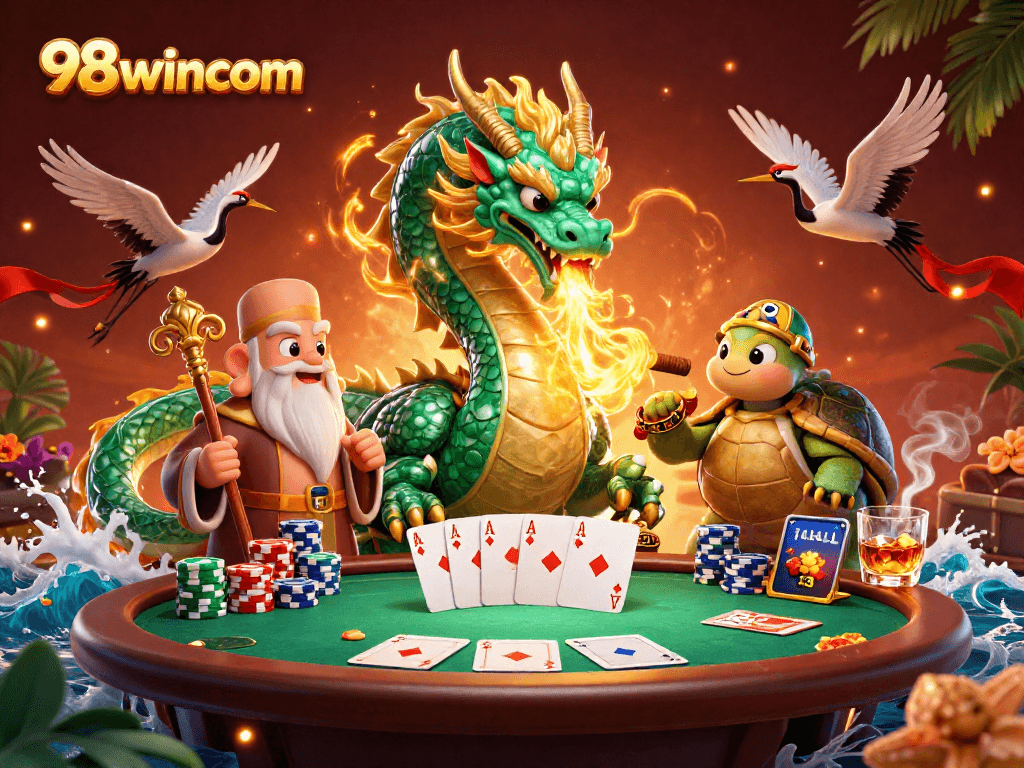 Engage with 98wincom's thrilling poker scene featuring a jade dragon, wise turtle, and lucky cranes.