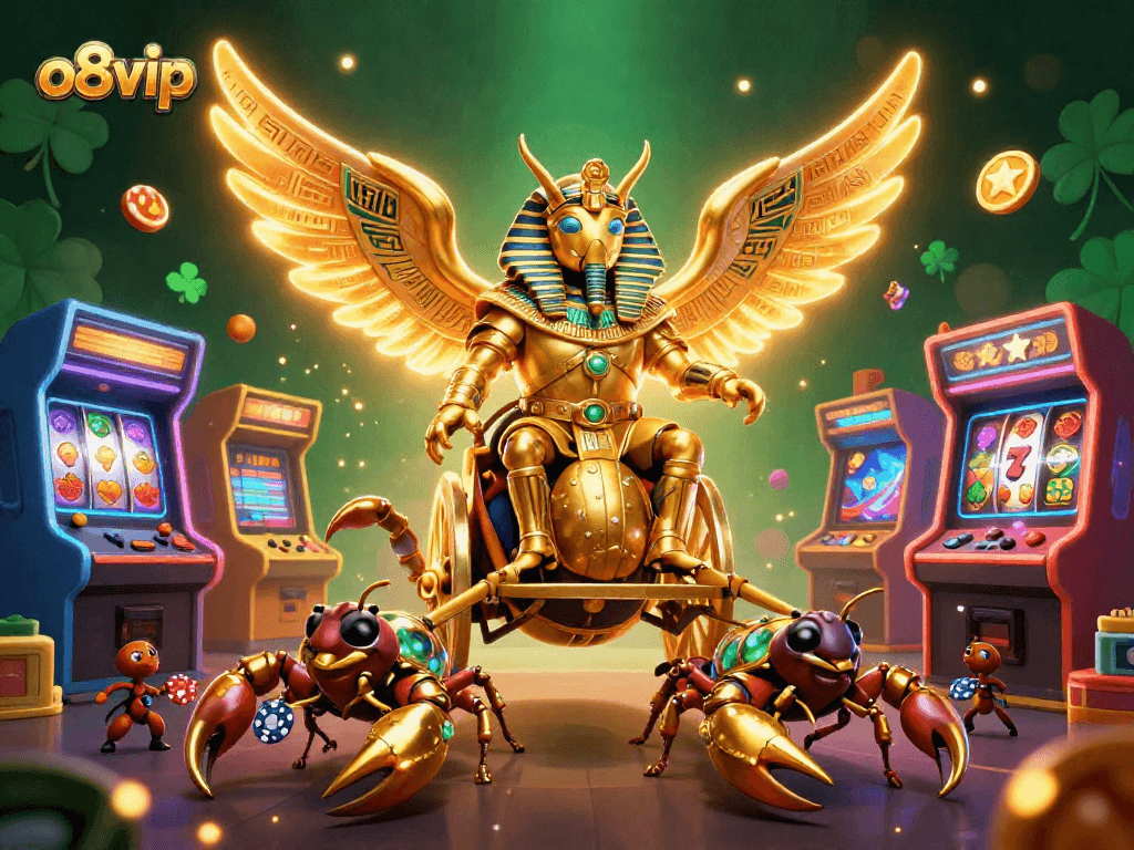 Engage with incredible gameplay at o8vip, featuring a stunning golden scarab beetle and scorpions alongside colorful slot machines.