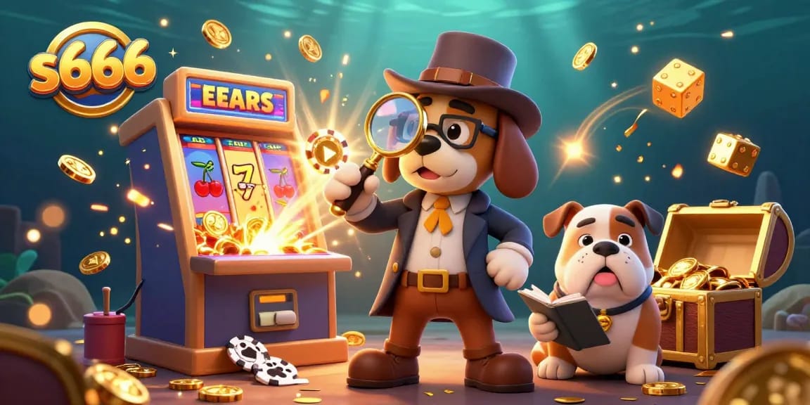 S666 detectives uncovering golden poker chip clues among casino treasures in an exciting scene.