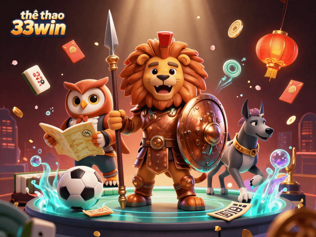 Engaging sports betting scene with thể thao 33win, featuring a Spartan lion and dynamic game elements.
