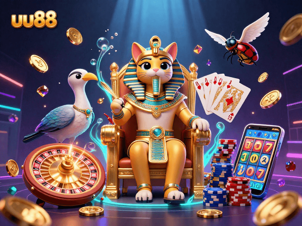 Experience exciting casino games with uu88 featuring a vibrant 3D illustration showcasing jackpots and roulette.