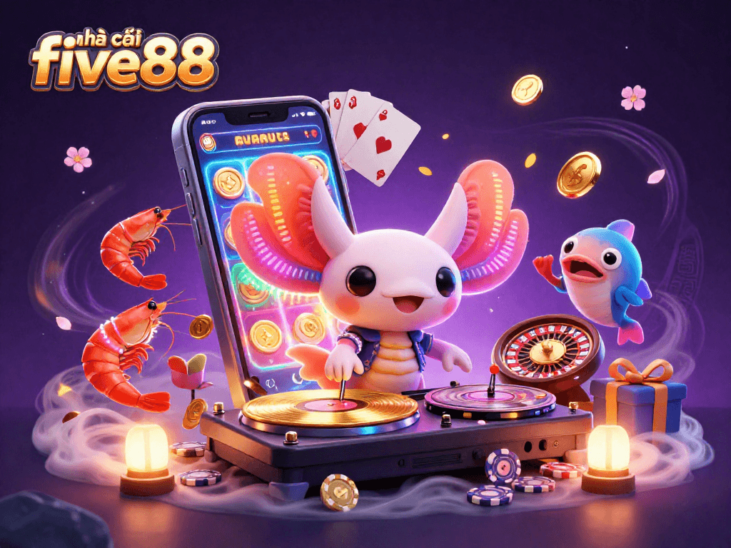 Engage with thrilling gaming action at nhà cái five88 with a colorful casino scene featuring a DJ and dynamic characters.