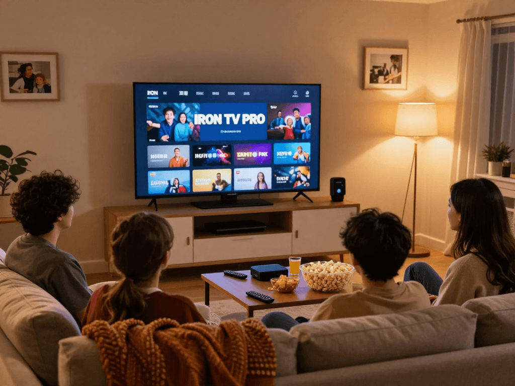Soirée cinéma conviviale avec Iron TV Pro, amis profitant de la TV 4K.