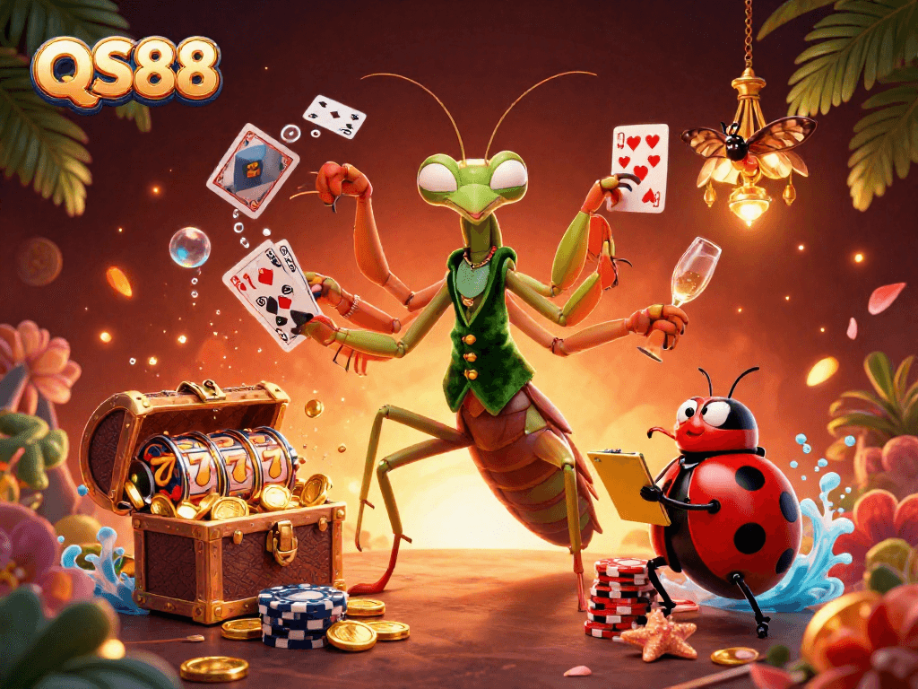 Experience the thrills of QS88 with a giant praying mantis card sharp amidst a vibrant casino scene.