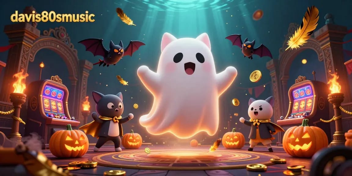 The ghost cat and vampire bat underscore davis80smusic in a haunted casino setting with vibrant gaming elements and golden coins.