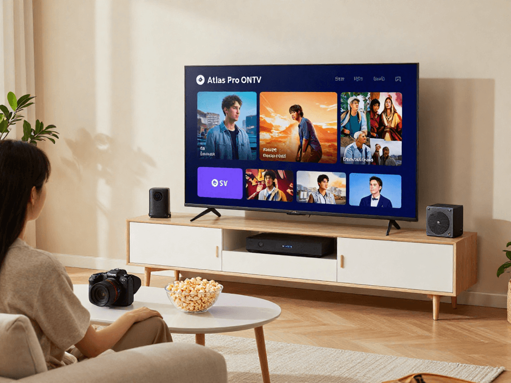 Profitez de l'application atlas pro ONTV dans un salon moderne, avec écran Smart TV et ambiance agréable.