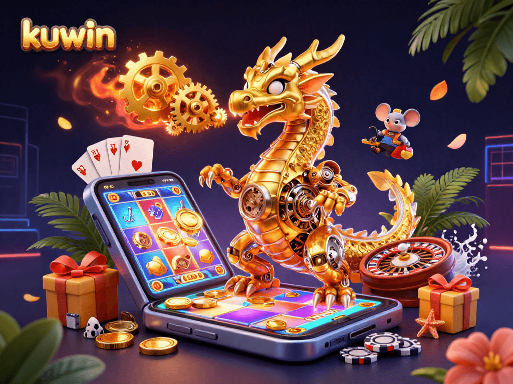 Kuwin players enjoying a vibrant 3D casino scene featuring a golden dragon, slot games, and cards.